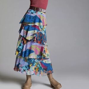 Maeve Tiered Maxi Skirt Watercolor Multi Lined NWT Women's 2 Anthropologie